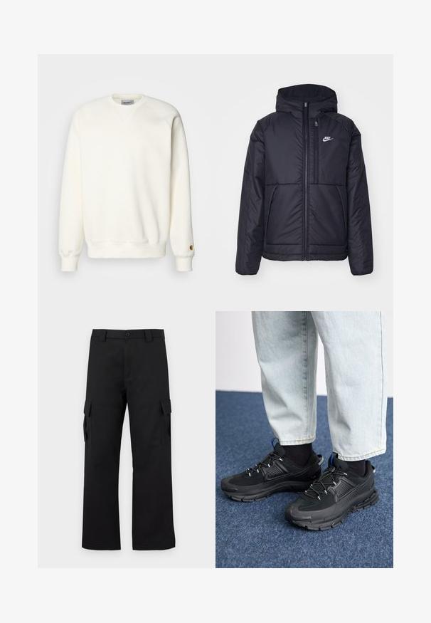 Must musta Nike jope, millel on ees lukuga avamine ja kapuuts. Vasakpoolne rind on kaunistatud valge logoga ning ees on kaks taskut. Sile välimine tekstuur.; Carhartt WIP CHASE - Pusa - wax/gold; Mustad mustad püksid sirge lõikega disainiga. Valmistatud vastupidavast kangast, millel on kaks külgtaskut klappidega ja nupuvajutusega esiosa.; Mustad mustad jooksukingad, millel on tekstureeritud kangas ja kummist tallad, elastsed nöörid ning sinine aksent kandadel. Kandmine heledate teksadega.