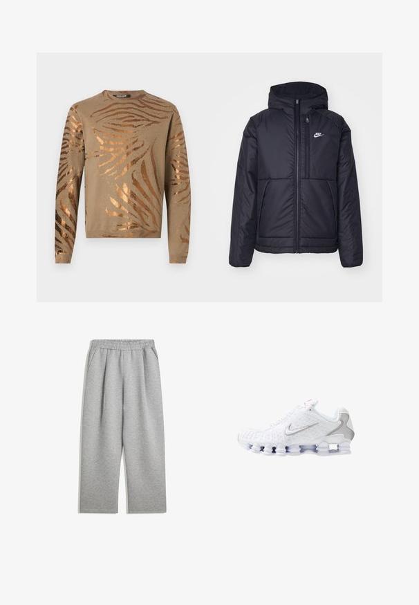 Black, padded Nike jacket with a front zipper and hood. Features a white logo on the left chest and dual front pockets. Smooth exterior texture.; Beige sweater featuring metallic bronze zebra stripes, round neckline, and long sleeves with ribbed cuffs and hem. Soft knit texture.; Light gray sweatpants with elastic waistband and side pockets, straight leg cut, made of soft fabric.; White athletic shoes featuring a textured upper with a silver swoosh logo, mesh panels, and a distinctive segmented white sole.