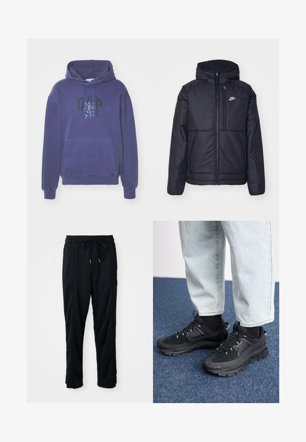 Čierna, polstrovaná bunda Nike so zipsom vpredu a kapucňou. Na ľavej strane hrude sa nachádza biele logo a sú tu dva predné vrecká. Hladký vonkajší povrch.; GAP Mikina s kapucňou - dark blue; Čierne voľné nohavice na gumičku v páse s bočnými vreckami a rovnými nohavicami na jednoduchom pozadí.; Čierne športové topánky s textúrovanou tkaninou a gumovou podrážkou, so elastickými šnúrkami a modrým akcentom na päte. Nosia sa s svetlými riflami.