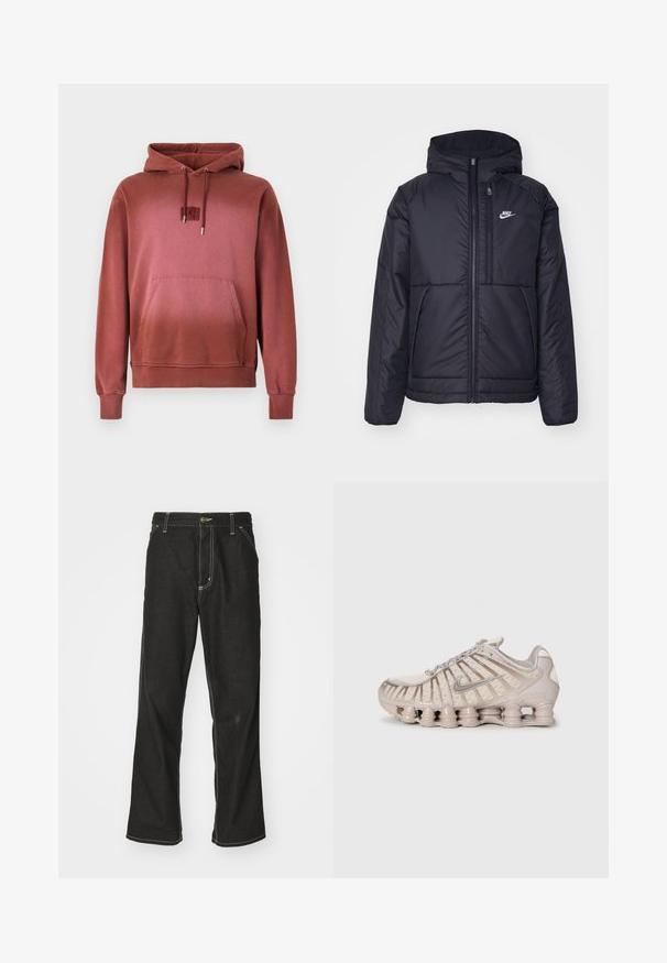 Černá zateplená bunda Nike s předním zipem a kapucí. Na levé straně hrudi má bílé logo a dvojité přední kapsy. Hladký povrch.; Červená mikina s kapucí vyrobená z měkké tkaniny, s přední kapsou, žebrovanými manžetami a malou nášivkou loga na hrudi.; Černé denimové džíny s volným střihem, s kontrastním bílým prošíváním, zapínáním na knoflík a rovnými nohavicemi.; Světle béžová sportovní bota s vrchní částí z mřížkové tkaniny, strukturálním designem a jedinečnou odpruženou podrážkou s cylindrickými sekcemi.