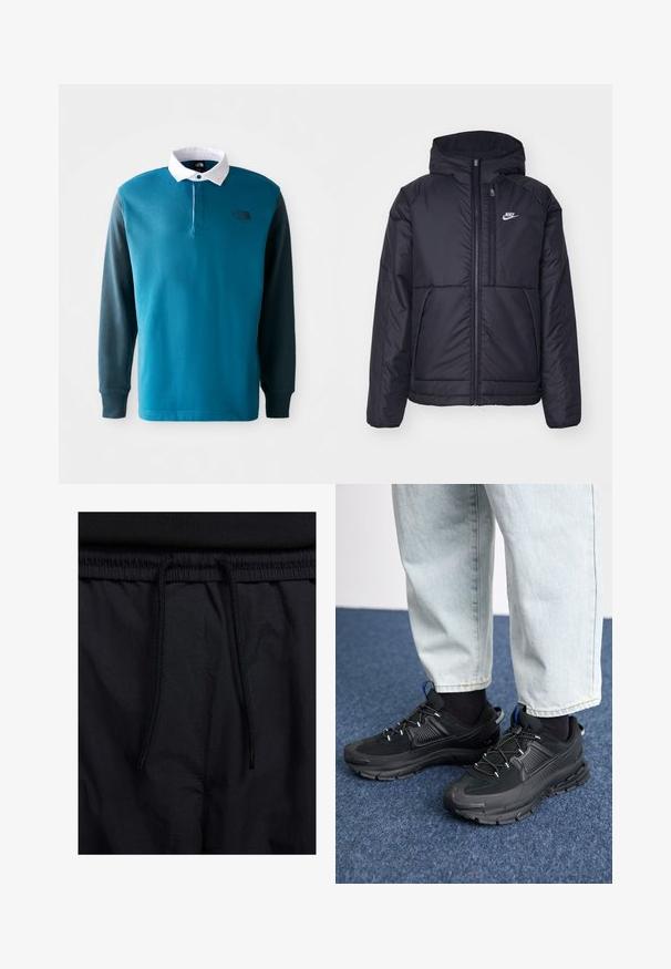 Musta, pehmustettu Nike-takki, jossa on etuvetoketju ja huppu. Vasemmassa rinnassa on valkoinen logo ja takissa on kaksinkertaiset etutaskut. Pintakoe on sileä.; Pitkähihaista polo-paitaa teal- ja tummanvihreänä, jossa on valkoinen kaulus, napitus ja musta logo rinnassa. Puuvillasekoitetta.; Mustat shortsit, joissa on naru vyötäröllä, kevyestä kankaasta valmistettu, sileä tekstuuri ja yksinkertainen muotoilu ilman näkyviä logoja tai kuvioita.; Mustat urheilukengät, joissa on teksturoitu kangas ja kumipohjat, elastiset nauhat ja sininen yksityiskohta kannassa. Yhdistetty vaaleisiin farkkuihin.