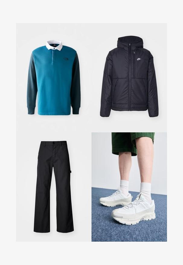 Jachetă Nike neagră, căptușită, cu fermoar pe față și glugă. Prezintă un logo alb pe pieptul stâng și două buzunare frontale. Textură exterioară netedă.; Polo cu mânecă lungă în nuanțe de teal și verde închis, cu un guler alb, placket cu nasturi și un logo negru pe piept. Material din amestec de bumbac.; Pantaloni negri, cu picioare largi, dintr-o țesătură durabilă. Prezintă un închizător cu buton și buzunare laterale. Textură netedă, cu un design curat.; Pantofi sport albi cu suprapuneri texturate, talpă masivă și accente gri. Purtați cu șosete albe până la glezne și pantaloni scurți verzi pe o suprafață albastră.