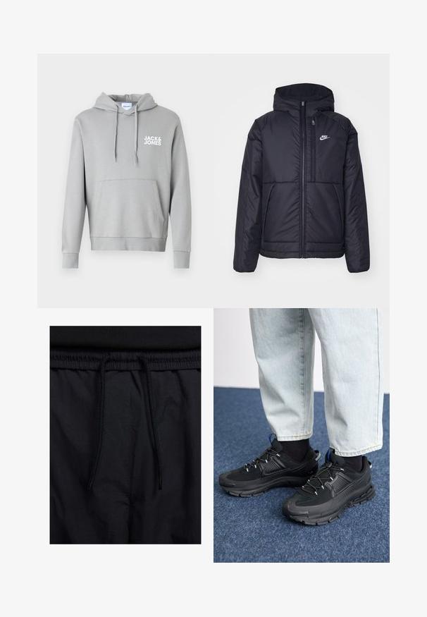 Black, padded Nike jacket with a front zipper and hood. Features a white logo on the left chest and dual front pockets. Smooth exterior texture.; Jack & Jones JJECORP LOGO HOOD - Hoodie - ultimate grey; Black shorts featuring a drawstring waistband, lightweight fabric with a smooth texture, and a simple design without visible logos or patterns.; Black athletic shoes with textured fabric and rubber soles, featuring elastic laces and a blue accent on the heel. Worn with light denim pants.