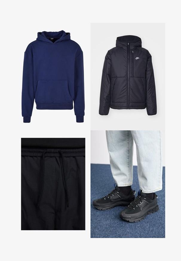Czarna, pikowana kurtka Nike z przednim zamkiem błyskawicznym i kapturem. Posiada białe logo po lewej stronie klatki piersiowej oraz podwójne kieszenie z przodu. Gładka struktura zewnętrzna.; Granatowa bluza z kapturem wykonana z miękkiego materiału, z dużą kieszenią na przodzie, ściągaczami przy mankietach i przy dolnej krawędzi oraz kapturem ze sznurkiem.; Czarne szorty z elastycznym paskiem na sznurku, lekkiego materiału o gładkiej fakturze oraz prostym wzornictwie bez widocznych logo czy wzorów.; Czarne buty sportowe z teksturowanej tkaniny i gumowymi podeszwami, z elastycznymi sznurówkami i niebieskim akcentem na pięcie. Noszone z jasnymi dżinsami.