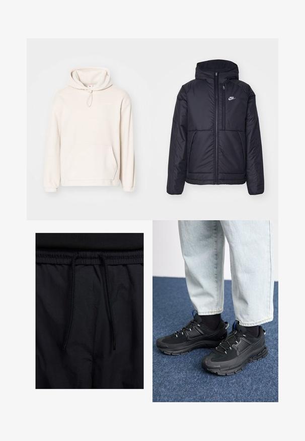 Svart, polstret Nike-jakke med frontglidelås og hette. Har en hvit logo på venstre bryst og doble frontlommer. Glatt ytterside.; Lys beige hettegenser laget av mykt fleece-materiale. Har snorhette, frontlomme, ribbede mansjetter og minimal logo-detalj.; Sorte shorts med snor i livet, lett stoff med en jevn tekstur, og et enkelt design uten synlige logoer eller mønstre.; Svarte sportssko med teksturert stoff og gummisåler, med elastiske lisser og en blå detalj på hælen. Brukt med lyse denimbukser.