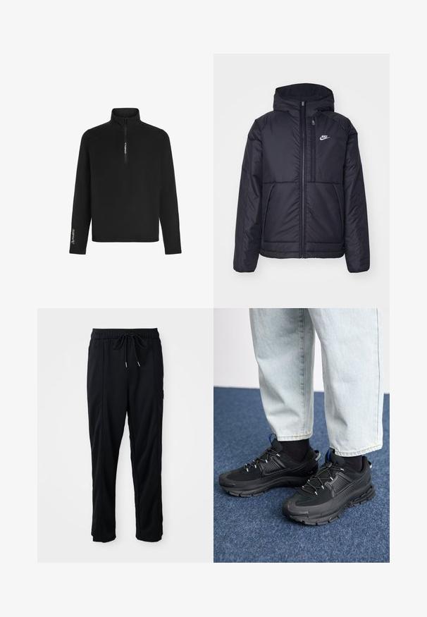 Casaco Nike preto, acolchoado, com fecho à frente e capuz. Apresenta um logo branco no lado esquerdo do peito e dois bolsos frontais. Textura exterior lisa.; O pullover de fleece preto apresenta um colarinho com zíper de um quarto, mangas longas e um logótipo Polartec na manga esquerda, proporcionando isolamento e conforto.; Calças casuais pretas com cordão na cintura, com bolsos laterais e corte reto, sobre um fundo simples.; Sapatilhas desportivas pretas com tecido texturizado e solas em borracha, apresentando atacadores elásticos e um detalhe azul no calcanhar. Usadas com calças de ganga claras.