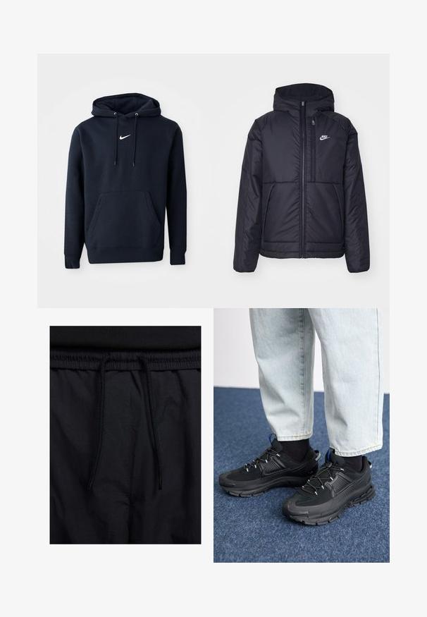 Melna, pufota Nike jaka ar priekšējo rāvējslēdzēju un kapuci. Iezīmēta ar baltu logotipu uz kreisās krūtis un divām priekšējām kabatām. Gluda ārējā tekstūra.; Tumši zilas krāsas kapuce izgatavota no kokvilnas un sintētiskās šķiedras apvienojuma, ar kengūra kabatu, regulējamu kapuci un baltu Nike logotipu uz krūtīm.; Melni šorti ar sašūtu jostu, viegls audums ar gludu tekstūru un vienkāršs dizains bez redzamiem logotipiem vai paraugiem.; Melni sporta apavi ar strukturētu audumu un gumijas zoli, ar elastīgām auklām un zilu akcentu uz papēža. Nēsāti ar gaišām džinsu biksēm.
