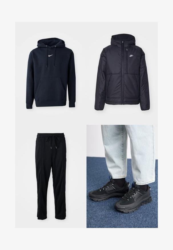 Zwarte, gewatteerde Nike-jas met een voorkant met ritssluiting en capuchon. Kenmerkt zich door een wit logo op de linkerborst en dubbele frontzakken. Gladde buitenkant.; Navy blauwe hoodie gemaakt van een katoenmix, met een kangoeroezak, een verstelbare capuchon en een wit Nike-logo op de borst.; Zwarte casual broek met koord in de taille, met zijzakken en rechte pijpen op een effen achtergrond.; Zwarte sportschoenen met gestructureerde stof en rubberen zolen, met elastische veters en een blauwe accent op de hiel. Draag samen met lichte spijkerbroeken.