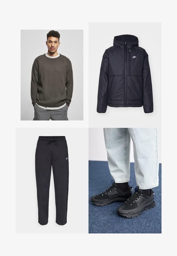 Giacca Nike nera, imbottita, con zip frontale e cappuccio. Presenta un logo bianco sul lato sinistro del petto e doppie tasche frontali. Texture esterna liscia.; Maglione a coste marrone scuro con scollatura rotonda e maniche raglan, indossato sopra una camicia bianca. La texture appare morbida e accogliente.; Pantaloni della tuta neri realizzati in tessuto morbido con vita elastica, coulisse e un piccolo logo Nike sulla coscia sinistra.; Scarpe sportive nere con tessuto testurizzato e suole in gomma, dotate di lacci elastici e un accento blu sul tallone. Indossate con pantaloni in denim chiaro.