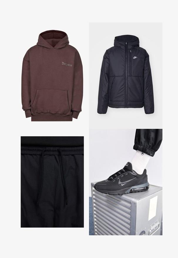 Černá zateplená bunda Nike s předním zipem a kapucí. Na levé straně hrudi má bílé logo a dvojité přední kapsy. Hladký povrch.; Hnědá mikina vyrobená z jemné tkaniny, s přední kapsou, žebrovanými manžetami a kapucí na šňůrku. Na hrudi je vyšité "Dropsize" šedou barvou.; Černé šortky s páskem na šňůrku, lehký materiál s hladkou texturou a jednoduchý design bez viditelných log nebo vzorů.; Nike Sportswear PULSE - Tenisky - black/anthracite
