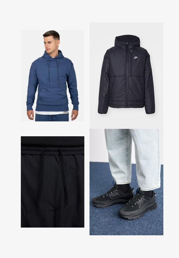 Giacca Nike nera, imbottita, con zip frontale e cappuccio. Presenta un logo bianco sul lato sinistro del petto e doppie tasche frontali. Texture esterna liscia.; Felpa blu con tasca frontale, cordini regolabili, polsini e orlo a coste. Presenta un branding sottile ricamato sul davanti.; Shorts neri con vita regolabile tramite coulisse, tessuto leggero con una texture liscia e un design semplice senza loghi o motivi visibili.; Scarpe sportive nere con tessuto testurizzato e suole in gomma, dotate di lacci elastici e un accento blu sul tallone. Indossate con pantaloni in denim chiaro.