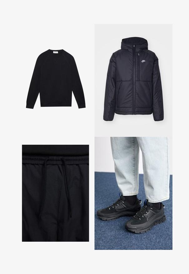 Black, padded Nike jacket with a front zipper and hood. Features a white logo on the left chest and dual front pockets. Smooth exterior texture.; Black long-sleeve crewneck sweatshirt with ribbed cuffs and hem, visible stitching details, and a small white brand label inside the neckline.; Black shorts featuring a drawstring waistband, lightweight fabric with a smooth texture, and a simple design without visible logos or patterns.; Black athletic shoes with textured fabric and rubber soles, featuring elastic laces and a blue accent on the heel. Worn with light denim pants.