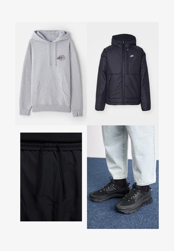 Giacca Nike nera, imbottita, con zip frontale e cappuccio. Presenta un logo bianco sul lato sinistro del petto e doppie tasche frontali. Texture esterna liscia.; Felpa grigia chiara realizzata in misto cotone. Presenta una tasca a marsupio, cordini e un piccolo logo con accenti colorati sul petto.; Shorts neri con vita regolabile tramite coulisse, tessuto leggero con una texture liscia e un design semplice senza loghi o motivi visibili.; Scarpe sportive nere con tessuto testurizzato e suole in gomma, dotate di lacci elastici e un accento blu sul tallone. Indossate con pantaloni in denim chiaro.