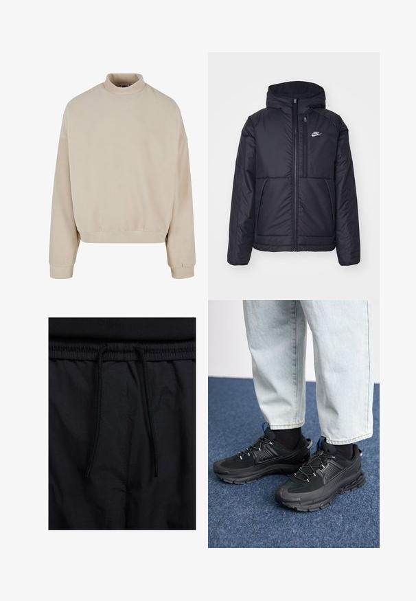Čierna, polstrovaná bunda Nike so zipsom vpredu a kapucňou. Na ľavej strane hrude sa nachádza biele logo a sú tu dva predné vrecká. Hladký vonkajší povrch.; Bežová fleecová mikina s vysokým golierom, voľným strihom, spustenými ramenami a rebrovanými manžetami. Mäkká textúra a jednoduchý dizajn bez vzorov.; Čierne šortky s pásom na stiahnutie, z ľahkej látky s hladkou textúrou a jednoduchým dizajnom bez viditeľných log alebo vzorov.; Čierne športové topánky s textúrovanou tkaninou a gumovou podrážkou, so elastickými šnúrkami a modrým akcentom na päte. Nosia sa s svetlými riflami.