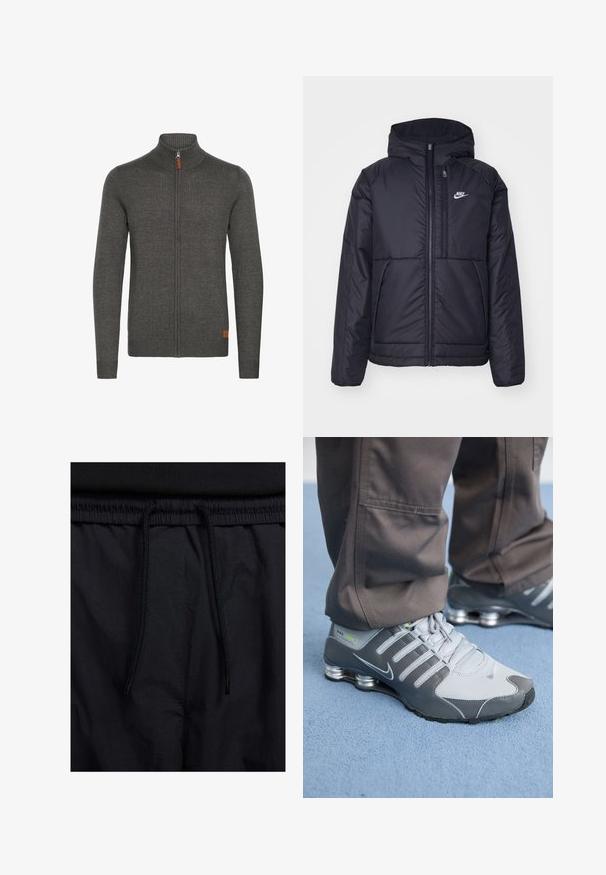 Giacca Nike nera, imbottita, con zip frontale e cappuccio. Presenta un logo bianco sul lato sinistro del petto e doppie tasche frontali. Texture esterna liscia.; Felpa grigia con zip e colletto alto, texture a coste e un piccolo accento in pelle in basso a sinistra. Maniche lunghe e design aderente.; Shorts neri con vita regolabile tramite coulisse, tessuto leggero con una texture liscia e un design semplice senza loghi o motivi visibili.; Le scarpe Nike Shox in grigio e argento presentano un design elegante, con materiali in rete e sintetici, una punta arrotondata e un colletto imbottito.