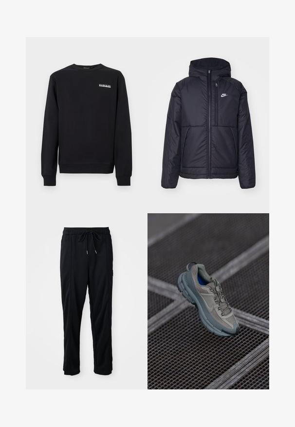 Fekete, párnázott Nike dzseki elülső cipzárral és kapucnival. A bal mellen fehér logó található, valamint két elülső zseb. Simának tűnő külső felület.; Fekete pulóver pamutkeverékből, kerek nyakkivágással és bordás mandzsettákkal. Kis fehér logó nyomtatva a bal mellrészen.; Fekete húzózsinóros, kényelmes nadrág oldalsó varrású zsebekkel és egyenes szabással, egyszínű háttéren.; Beige és szürke sportcipő, texturált hálós felsőrésszel, kerek orral és gumitalppal, fűzőkkel és párnázott bokával.