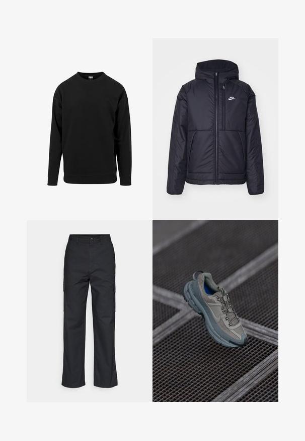 Fekete, párnázott Nike dzseki elülső cipzárral és kapucnival. A bal mellen fehér logó található, valamint két elülső zseb. Simának tűnő külső felület.; Fekete pulóver, puha anyagból készült. Kerek nyakkivágással, hosszú ujjaival és bordázott mandzsettákkal és aljjal rendelkezik. Egyszerű, díszítetlen dizájn.; Fekete cargo nadrág egyenes szárú kialakítással, oldalsó zsebekkel és texturált anyaggal. Gombos zárás a deréknál a biztonságos illeszkedésért.; Beige és szürke sportcipő, texturált hálós felsőrésszel, kerek orral és gumitalppal, fűzőkkel és párnázott bokával.