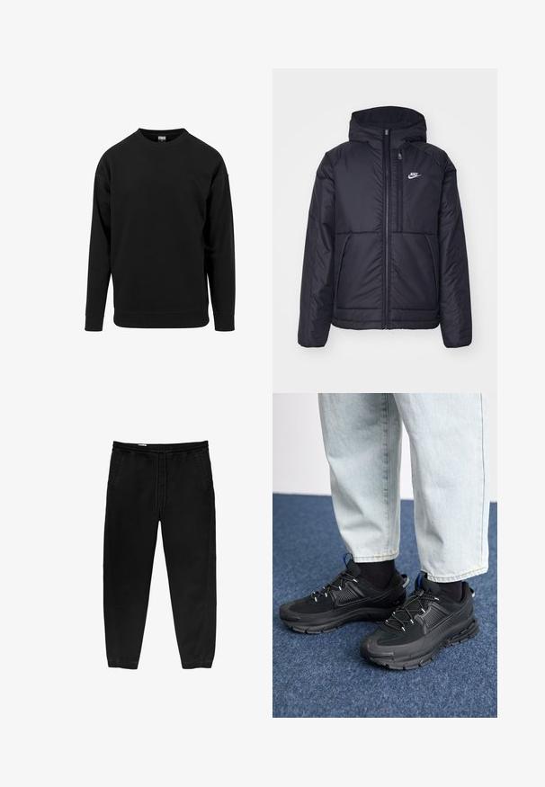 Crna Nike jakna s podstavom, dugmadi sprijeda i kapuljačom. Ima bijeli logotip na lijevoj strani prsnog koša i dva prednja džepa. Glatka vanjska tekstura.; Crni dukserica od mekog materijala. Ima okrugli izrez, duge rukave, te rebraste manžete i rub. Jednostavan, neukrašen dizajn.; Crne hlače s elastikom u struku i vezicom, sužene nogavice, bočne džepove i suptilne detalje šivanja s strane. Mekana pamučna tkanina.; Crne atletske cipele s teksturiranom tkaninom i gumene potplate, s elastičnim vezicama i plavim akcentom na peti. Nosene su s svijetlim trapericama.