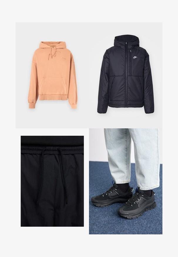 Zwarte, gewatteerde Nike-jas met een voorkant met ritssluiting en capuchon. Kenmerkt zich door een wit logo op de linkerborst en dubbele frontzakken. Gladde buitenkant.; Perzikkleurige hoodie met een voorzak, capuchon met trekkoord en geribde boorden. Zachte textuur, casual ontwerp, met subtiele logo-details.; Zwarte shorts met een drawstring tailleband, lichtgewicht stof met een zachte textuur en een eenvoudig ontwerp zonder zichtbare logo's of patronen.; Zwarte sportschoenen met gestructureerde stof en rubberen zolen, met elastische veters en een blauwe accent op de hiel. Draag samen met lichte spijkerbroeken.
