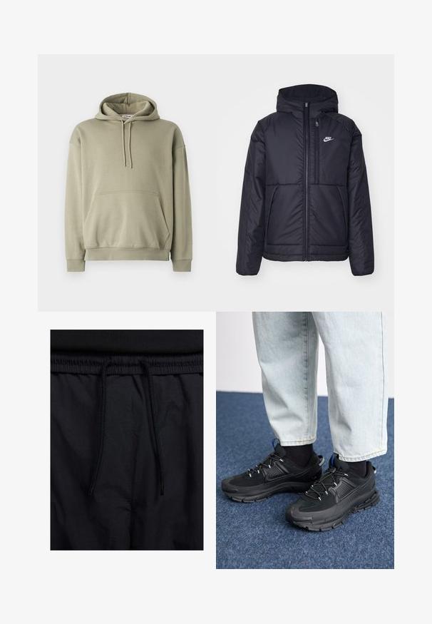 Casaco Nike preto, acolchoado, com fecho à frente e capuz. Apresenta um logo branco no lado esquerdo do peito e dois bolsos frontais. Textura exterior lisa.; Fato de capuz verde-oliva feito de uma mistura de algodão suave, apresenta um bolso frontal, capuz com cordão e punhos e barra canelados. Design simples e descontraído.; Calções pretos com um cós elástico ajustável, fabricados em tecido leve com uma textura suave e um design simples, sem logótipos ou padrões visíveis.; Sapatilhas desportivas pretas com tecido texturizado e solas em borracha, apresentando atacadores elásticos e um detalhe azul no calcanhar. Usadas com calças de ganga claras.