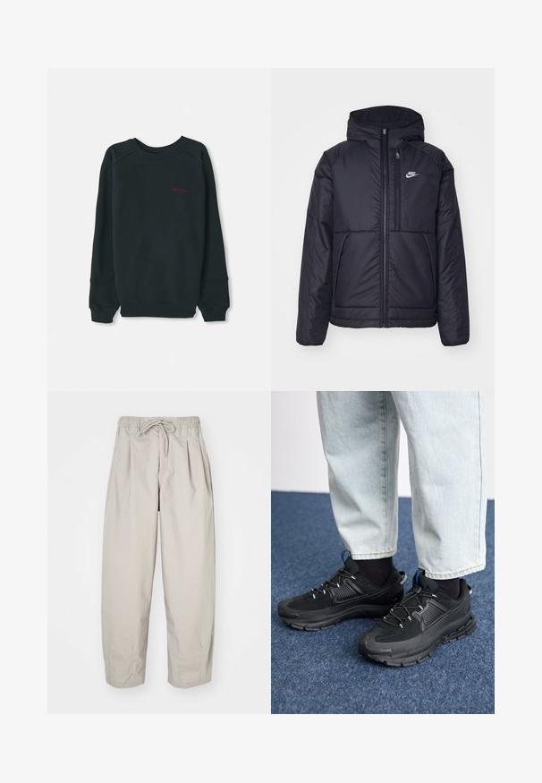 Fekete, párnázott Nike dzseki elülső cipzárral és kapucnival. A bal mellen fehér logó található, valamint két elülső zseb. Simának tűnő külső felület.; Fekete, pamut keverékből készült pulóver, bordázott, kerek nyakkivágással, hosszú ujjakkal, és egy kis rózsaszín Timberland logóval a mellrészen.; Beige, könnyű nadrág, rugalmas derékkal és zsinórral. Ráncokkal és laza szabással rendelkezik, puha, sima anyagból készült.; Fekete sportcipők texturált anyaggal és gumitalppal, elasztikus fűzőkkel és kék kiegészítővel a saroknál. Világos farmernadrággal viselve.