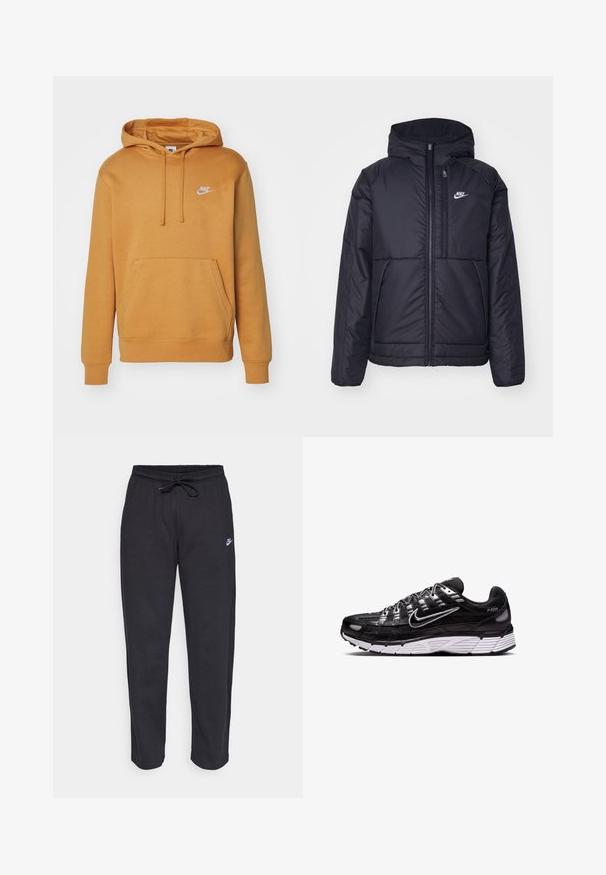 Casaco Nike preto, acolchoado, com fecho à frente e capuz. Apresenta um logo branco no lado esquerdo do peito e dois bolsos frontais. Textura exterior lisa.; Sweatshirt laranja feito de um tecido suave, com um bolso canguru frontal, punhos canelados e um pequeno logo branco da Nike no peito.; Calças de treino pretas feitas de tecido suave, com faixa elástica na cintura, cordão regulador e um pequeno logótipo da Nike na coxa esquerda.; Sapatos desportivos de rede pretos com sola branca, apresentando um design texturizado, detalhes refletivos e várias correias sobrepostas para suporte.
