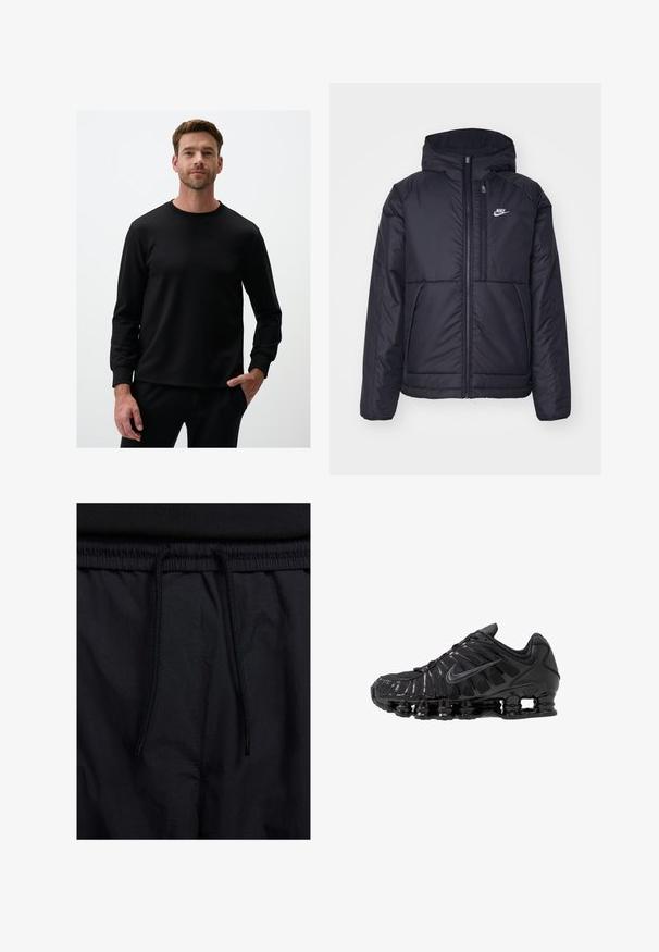 Zwarte, gewatteerde Nike-jas met een voorkant met ritssluiting en capuchon. Kenmerkt zich door een wit logo op de linkerborst en dubbele frontzakken. Gladde buitenkant.; Zwarte sweatshirt met lange mouwen van gladde stof, met een ronde halslijn en aansluitende manchetten, ontworpen in een ontspannen silhouet.; Jongeman met kort, krullend haar, gekleed in een eenvoudig wit T-shirt met korte mouwen en blauwe jeans, staand met de handen in zijn zakken.; Zwarte shorts met een drawstring tailleband, lichtgewicht stof met een zachte textuur en een eenvoudig ontwerp zonder zichtbare logo's of patronen.; Zwarte sportschoenen gemaakt van mesh en synthetische materialen, met een opvallend golvend ontwerp, zwarte rubberen zool en reflecterende accenten.