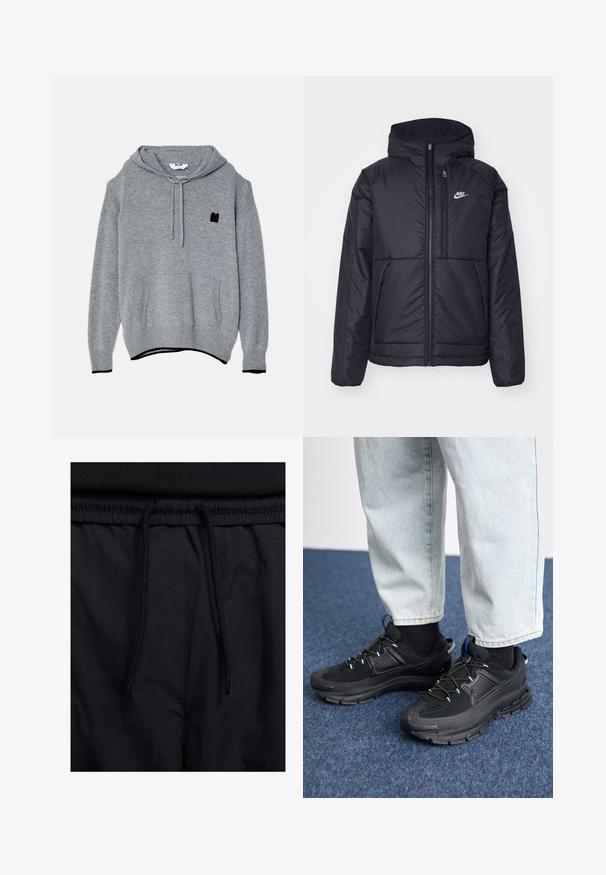 Juodas, paminkštintas Nike džemperis su priekyje užtrauktuku ir gobtuvu. Pasižymi balta logo kairėje krūtinės pusėje ir dviem priekinėmis kišenėmis. Su lygiu išoriniu paviršiumi.; Pilkas megztinis su gaubtu, turintis priekinę kišenę, raištelio gaubtą, juodą siuvinėtą logotipą ant krūtinės ir susiūtas rankogalius bei apačią.; Juodos šortai su raišteliu juosmens srityje, lengva medžiaga su lygiu paviršiumi ir paprastas dizainas be matomų logotipų ar raštų.; Juodi sportiniai bateliai su tekstūruota medžiaga ir guminiais padais, su elastingomis raišteliais ir mėlynu akcentu ant kulno. Dėvimi su šviesiai mėlynomis džinsinėmis kelnėmis.