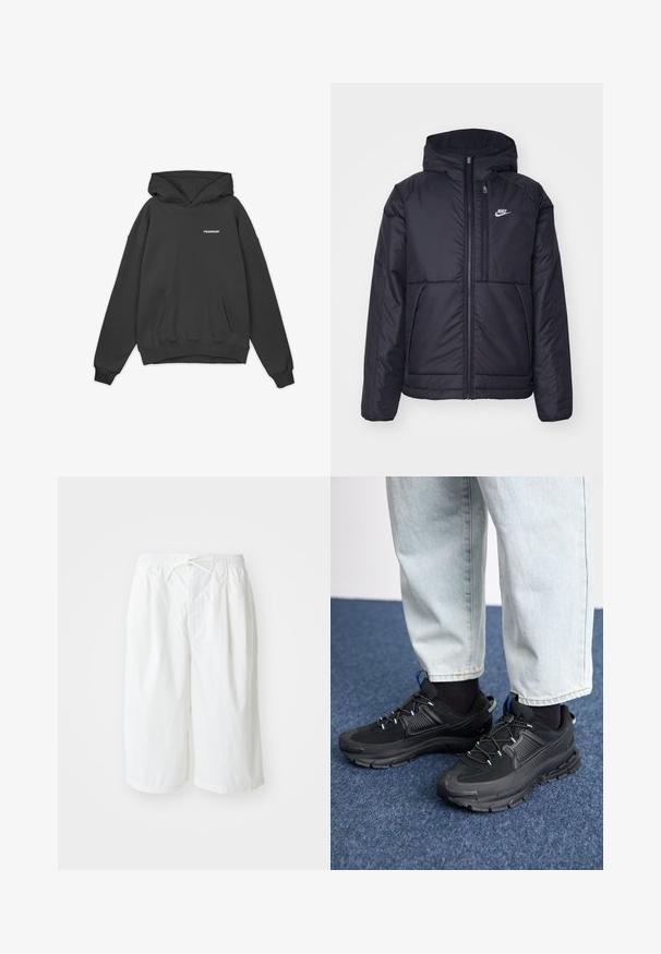Casaco Nike preto, acolchoado, com fecho à frente e capuz. Apresenta um logo branco no lado esquerdo do peito e dois bolsos frontais. Textura exterior lisa.; Pegador DEVON OVERSIZED HOODIE - Sweatshirt com capuz - washed volcano grey; Calções brancos com cintura elástica e cordão, apresentados sobre um fundo claro e liso. Adequados para usar de forma casual ou em climas quentes.; Sapatilhas desportivas pretas com tecido texturizado e solas em borracha, apresentando atacadores elásticos e um detalhe azul no calcanhar. Usadas com calças de ganga claras.