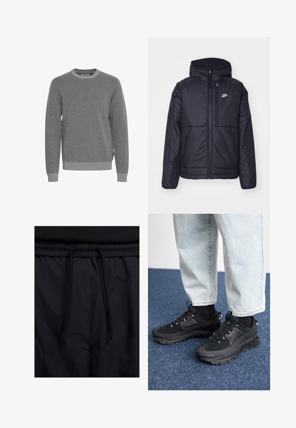 Zwarte, gewatteerde Nike-jas met een voorkant met ritssluiting en capuchon. Kenmerkt zich door een wit logo op de linkerborst en dubbele frontzakken. Gladde buitenkant.; Grijze gebreide trui met een ronde halslijn, lange mouwen en ribbelboorden. Bevat een gestructureerde stof en een subtiel patroon doorheen.; Zwarte shorts met een drawstring tailleband, lichtgewicht stof met een zachte textuur en een eenvoudig ontwerp zonder zichtbare logo's of patronen.; Zwarte sportschoenen met gestructureerde stof en rubberen zolen, met elastische veters en een blauwe accent op de hiel. Draag samen met lichte spijkerbroeken.