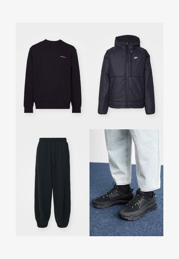 Fekete, párnázott Nike dzseki elülső cipzárral és kapucnival. A bal mellen fehér logó található, valamint két elülső zseb. Simának tűnő külső felület.; Fekete pulóver, puha anyagból, kerek nyakkivágással, hosszú ujjakkal és bordás mandzsettákkal. Kicsi, fehér logó található a mellkason.; Fekete, rugalmas derékpántos melegítőnadrág, laza fit, véget érő szárakkal, sima textúrával, látható minták vagy hardver díszek nélkül.; Fekete sportcipők texturált anyaggal és gumitalppal, elasztikus fűzőkkel és kék kiegészítővel a saroknál. Világos farmernadrággal viselve.