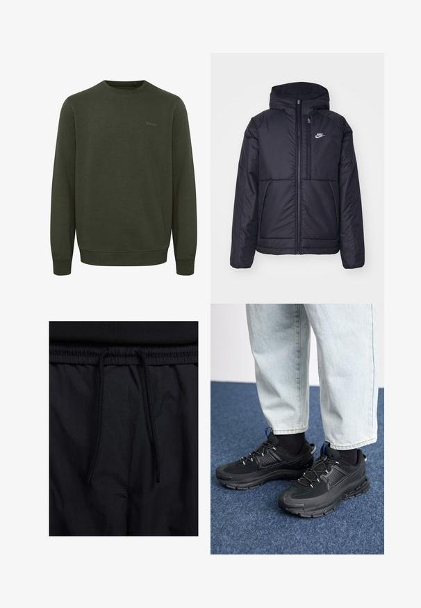 Černá zateplená bunda Nike s předním zipem a kapucí. Na levé straně hrudi má bílé logo a dvojité přední kapsy. Hladký povrch.; Olivově zelená mikina vyrobená z měkkého materiálu, s kulatým výstřihem, dlouhými rukávy a žebrovými manžetami. Diskrétní logo "blend" ve stejné barvě.; Černé šortky s páskem na šňůrku, lehký materiál s hladkou texturou a jednoduchý design bez viditelných log nebo vzorů.; Černé sportovní boty s texturovanou tkaninou a gumovou podrážkou, s elastickými tkaničkami a modrým akcentem na patě. Nosí se s světlými džíny.