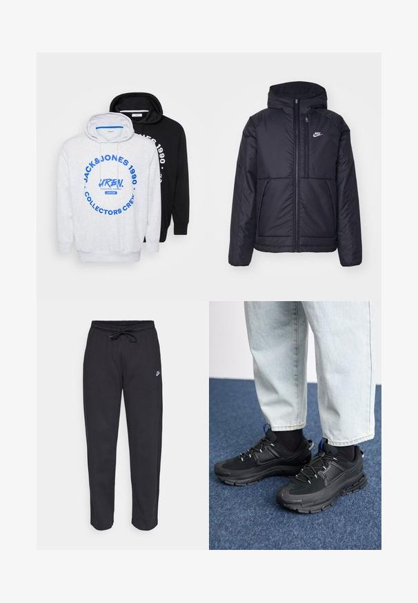 Svart, polstret Nike-jakke med frontglidelås og hette. Har en hvit logo på venstre bryst og doble frontlommer. Glatt ytterside.; To hetter: en grå med blå grafisk tekst og et stort sirkelmønster, og en ensfarget svart, begge med snorløsninger i hetta og ribbestrikkede mansjetter.; Sorte sweatpants laget av mykt stoff med elastisk midjebånd, snøring og en liten Nike-logo på venstre lår.; Svarte sportssko med teksturert stoff og gummisåler, med elastiske lisser og en blå detalj på hælen. Brukt med lyse denimbukser.