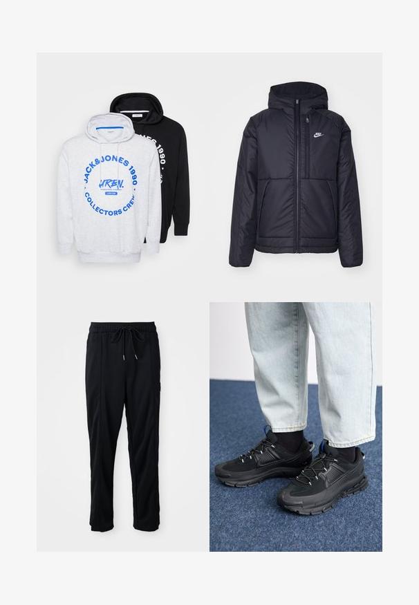 Casaco Nike preto, acolchoado, com fecho à frente e capuz. Apresenta um logo branco no lado esquerdo do peito e dois bolsos frontais. Textura exterior lisa.; Dois hoodies: um cinza com texto gráfico azul e um grande design de círculo, e um sólido preto, ambos com capuzes ajustáveis e punhos canelados.; Calças casuais pretas com cordão na cintura, com bolsos laterais e corte reto, sobre um fundo simples.; Sapatilhas desportivas pretas com tecido texturizado e solas em borracha, apresentando atacadores elásticos e um detalhe azul no calcanhar. Usadas com calças de ganga claras.