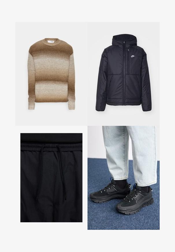 Jachetă Nike neagră, căptușită, cu fermoar pe față și glugă. Prezintă un logo alb pe pieptul stâng și două buzunare frontale. Textură exterioară netedă.; Selected Homme SLHGAARD RELAXED CREW NECK - Pulover - chinchilla detail/multi color; Șorturi negre cu un brâu reglabil, dintr-un material ușor cu o textură netedă și un design simplu, fără logo-uri sau modele vizibile.; Pantofi sport negri, cu țesătură texturată și tălpi din cauciuc, având șireturi elastice și un accent albastru pe toc. Purtați cu pantaloni din denim deschis.