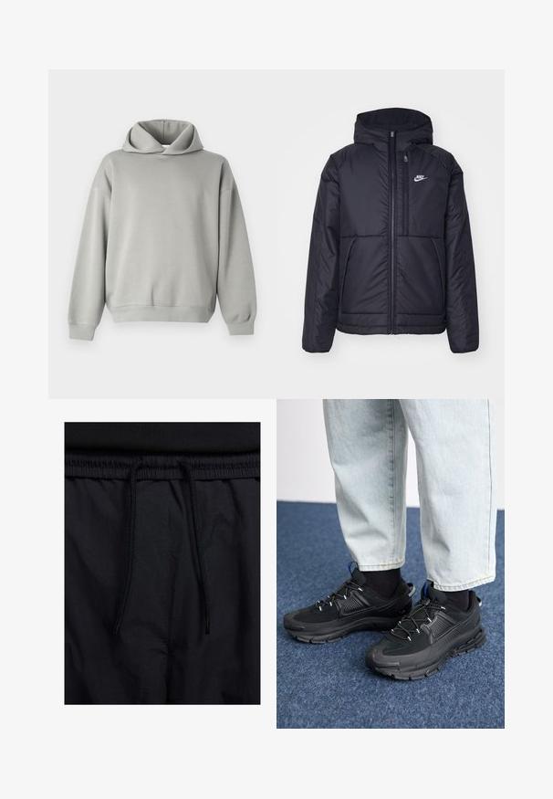 Schwarze, gepolsterte Nike-Jacke mit Frontreißverschluss und Kapuze. Hat ein weißes Logo auf der linken Brust und zwei Fronttaschen. Glattes äußeres Material.; Hellgrauer Hoodie mit lockerer Passform, übergroßer Kapuze, langen Ärmeln sowie gerippten Bündchen und Saum. Glattes Material ohne Muster oder Akzente.; Schwarze Shorts mit einem Kordelzugbund, leichtem Stoff mit glatter Textur und einem schlichten Design ohne sichtbare Logos oder Muster.; Schwarze Sportschuhe aus strukturiertem Stoff mit Gummisohlen, ausgestattet mit elastischen Schnürsenkeln und einem blauen Akzent an der Ferse. Getragen mit hellen Jeans.