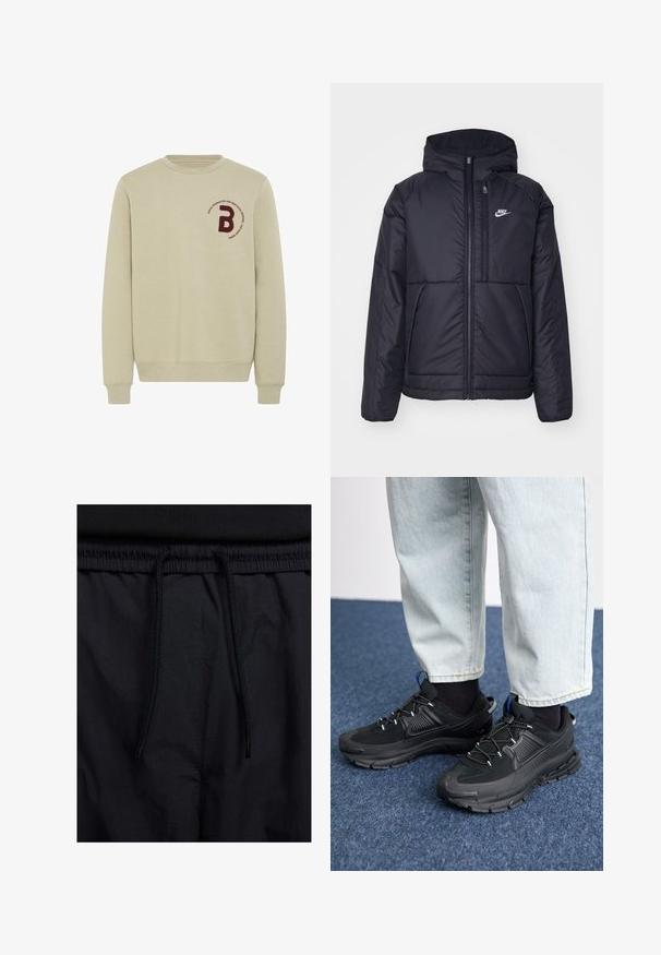 Zwarte, gewatteerde Nike-jas met een voorkant met ritssluiting en capuchon. Kenmerkt zich door een wit logo op de linkerborst en dubbele frontzakken. Gladde buitenkant.; Beige sweatshirt met een ronde hals, lange mouwen en geribbelde manchetten. Beschikt over een bordeauxrode geborduurde letter 'B' en een ronde tekstdetail.; Zwarte shorts met een drawstring tailleband, lichtgewicht stof met een zachte textuur en een eenvoudig ontwerp zonder zichtbare logo's of patronen.; Zwarte sportschoenen met gestructureerde stof en rubberen zolen, met elastische veters en een blauwe accent op de hiel. Draag samen met lichte spijkerbroeken.