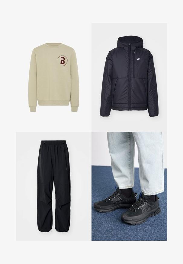Veste Nike noire rembourrée avec une fermeture éclair sur le devant et une capuche. Elle présente un logo blanc sur la poitrine gauche et deux poches avant. Texture extérieure lisse.; Sweat-shirt beige avec col rond, manches longues et poignets côtelés. Présente une lettre 'B' brodée en bordeaux et un détail de texte circulaire.; Pantalons cargo légers noirs avec une taille élastique, des zips latéraux et des poches spacieux. Présentent une coupe ample et des poignets fuselés.; Des chaussures de sport noires avec un tissu texturé et des semelles en caoutchouc, dotées de lacets élastiques et d'un accent bleu au talon. Portées avec un pantalon en denim clair.