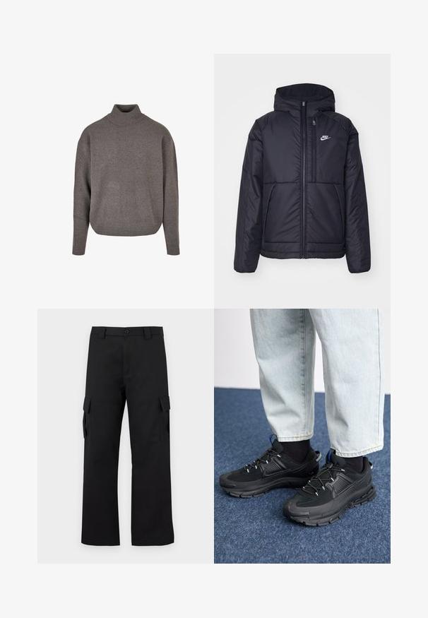 Fekete, párnázott Nike dzseki elülső cipzárral és kapucnival. A bal mellen fehér logó található, valamint két elülső zseb. Simának tűnő külső felület.; Szürke garbó pulóver, puha, texturált kötött anyagból. Laza fazonú, hosszú ujjú, bordázott mandzsettákkal és szegéllyel.; Fekete cargo nadrág egyenes szárú kialakítással. Tartós anyagból készült, két oldalzsebbel, tépőzáras fedéllel és gombos zipzárral.; Fekete sportcipők texturált anyaggal és gumitalppal, elasztikus fűzőkkel és kék kiegészítővel a saroknál. Világos farmernadrággal viselve.