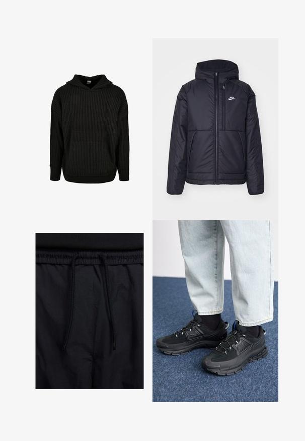 Černá zateplená bunda Nike s předním zipem a kapucí. Na levé straně hrudi má bílé logo a dvojité přední kapsy. Hladký povrch.; Černá pletená mikina s kapucí, má přední kapsu a šňůrku na stažení. Disponuje volným střihem a texturovaným vzorem na látce.; Černé šortky s páskem na šňůrku, lehký materiál s hladkou texturou a jednoduchý design bez viditelných log nebo vzorů.; Černé sportovní boty s texturovanou tkaninou a gumovou podrážkou, s elastickými tkaničkami a modrým akcentem na patě. Nosí se s světlými džíny.