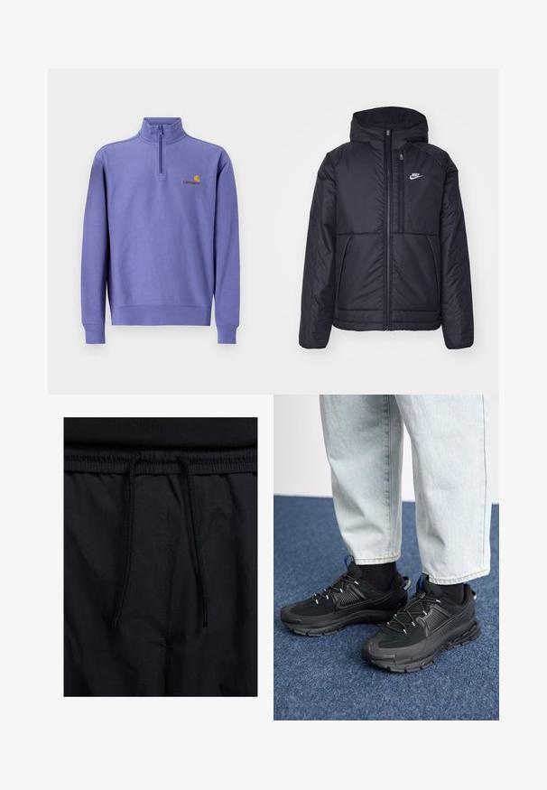 Melna, pufota Nike jaka ar priekšējo rāvējslēdzēju un kapuci. Iezīmēta ar baltu logotipu uz kreisās krūtis un divām priekšējām kabatām. Gluda ārējā tekstūra.; Violets vilnas pulksteņi ar puscīni, ribotas aproces un apakšmala. Uz krūtīm ir neliels dzeltenais logo un zīmola nosaukums. Gluda tekstūra.; Melni šorti ar sašūtu jostu, viegls audums ar gludu tekstūru un vienkāršs dizains bez redzamiem logotipiem vai paraugiem.; Melni sporta apavi ar strukturētu audumu un gumijas zoli, ar elastīgām auklām un zilu akcentu uz papēža. Nēsāti ar gaišām džinsu biksēm.