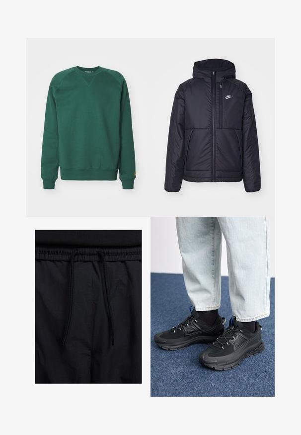 Veste Nike noire rembourrée avec une fermeture éclair sur le devant et une capuche. Elle présente un logo blanc sur la poitrine gauche et deux poches avant. Texture extérieure lisse.; Sweatshirt en coton vert avec un col rond, des manches raglan, des poignets côtelés et un accent logo sur l'ourlet. Texture lisse et design décontracté.; Shorts noirs avec un élastique à cordon de serrage, en tissu léger avec une texture lisse, et un design simple sans logos ni motifs visibles.; Des chaussures de sport noires avec un tissu texturé et des semelles en caoutchouc, dotées de lacets élastiques et d'un accent bleu au talon. Portées avec un pantalon en denim clair.