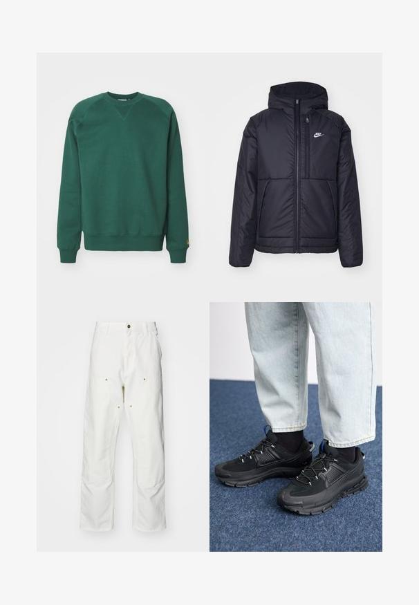 Zwarte, gewatteerde Nike-jas met een voorkant met ritssluiting en capuchon. Kenmerkt zich door een wit logo op de linkerborst en dubbele frontzakken. Gladde buitenkant.; Groene katoenen sweatshirt met een ronde hals, raglanmouwen, geribbelde boorden en een logo-accent op de zoom. Glad textuur en casual ontwerp.; Witte katoenen cargobroeken met een relaxte pasvorm. Kenmerken zijn onder andere voorzakken, gouden hardware accenten en versterkte kniezones.; Zwarte sportschoenen met gestructureerde stof en rubberen zolen, met elastische veters en een blauwe accent op de hiel. Draag samen met lichte spijkerbroeken.