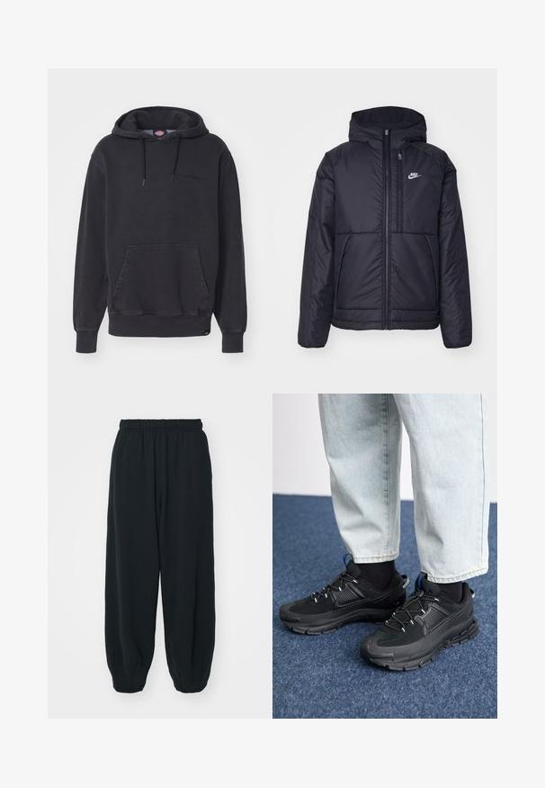 Casaco Nike preto, acolchoado, com fecho à frente e capuz. Apresenta um logo branco no lado esquerdo do peito e dois bolsos frontais. Textura exterior lisa.; Sweatshirt preto com capuz, feito de um tecido em mistura de algodão, apresentando um bolso canguru na frente e punhos e barra ribados. Logotipo discreto no peito.; Calças de fato de treino pretas, com cintura elástica e um corte solto, com punhos nas pernas, textura suave e sem padrões visíveis ou detalhes de metal.; Sapatilhas desportivas pretas com tecido texturizado e solas em borracha, apresentando atacadores elásticos e um detalhe azul no calcanhar. Usadas com calças de ganga claras.