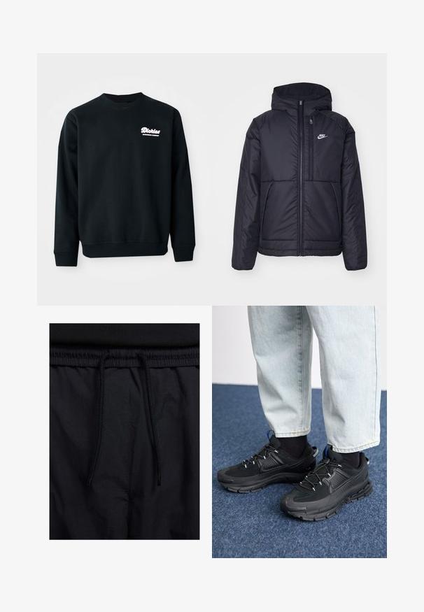 Casaco Nike preto, acolchoado, com fecho à frente e capuz. Apresenta um logo branco no lado esquerdo do peito e dois bolsos frontais. Textura exterior lisa.; Sweatshirt preto com gola e punhos canelados. Apresenta um logótipo branco com a inscrição "Dickies Workwear Company" no lado esquerdo do peito. Textura macia.; Calções pretos com um cós elástico ajustável, fabricados em tecido leve com uma textura suave e um design simples, sem logótipos ou padrões visíveis.; Sapatilhas desportivas pretas com tecido texturizado e solas em borracha, apresentando atacadores elásticos e um detalhe azul no calcanhar. Usadas com calças de ganga claras.