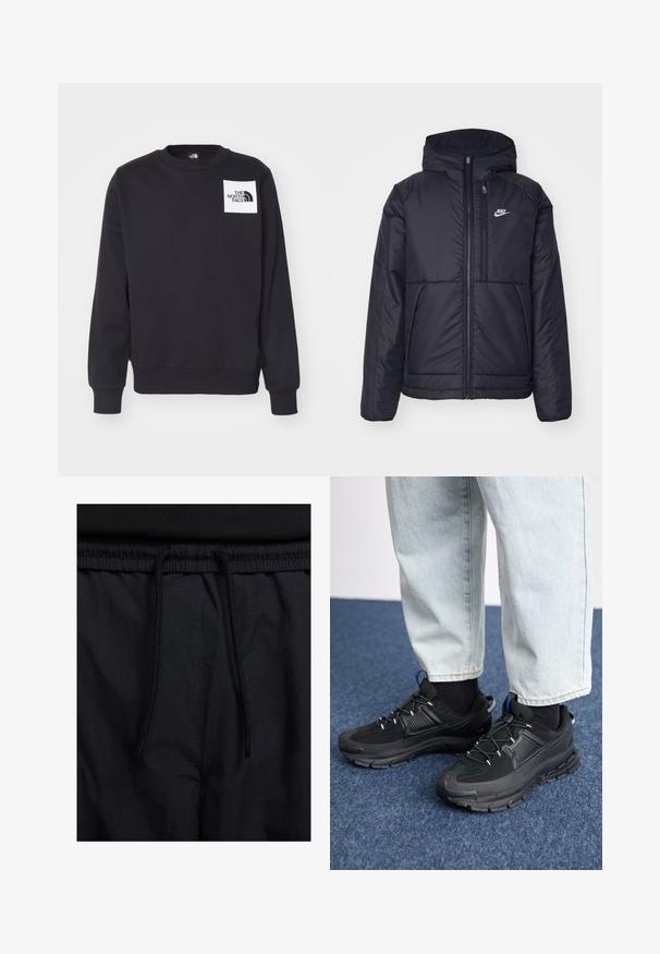 Casaco Nike preto, acolchoado, com fecho à frente e capuz. Apresenta um logo branco no lado esquerdo do peito e dois bolsos frontais. Textura exterior lisa.; Sweatshirt preto com gola redonda, punhos e barra canelados. Apresenta um emblema quadrado branco com o logótipo "THE NORTH FACE" no peito.; Calções pretos com um cós elástico ajustável, fabricados em tecido leve com uma textura suave e um design simples, sem logótipos ou padrões visíveis.; Sapatilhas desportivas pretas com tecido texturizado e solas em borracha, apresentando atacadores elásticos e um detalhe azul no calcanhar. Usadas com calças de ganga claras.