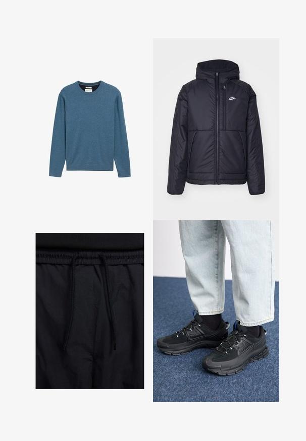 Schwarze, gepolsterte Nike-Jacke mit Frontreißverschluss und Kapuze. Hat ein weißes Logo auf der linken Brust und zwei Fronttaschen. Glattes äußeres Material.; Blauer Rundhals-Sweatshirt aus weicher Baumwolle, mit langen Ärmeln, rippierten Bündchen und Saum sowie einem kleinen Logo Detail auf der Vorderseite.; Schwarze Shorts mit einem Kordelzugbund, leichtem Stoff mit glatter Textur und einem schlichten Design ohne sichtbare Logos oder Muster.; Schwarze Sportschuhe aus strukturiertem Stoff mit Gummisohlen, ausgestattet mit elastischen Schnürsenkeln und einem blauen Akzent an der Ferse. Getragen mit hellen Jeans.