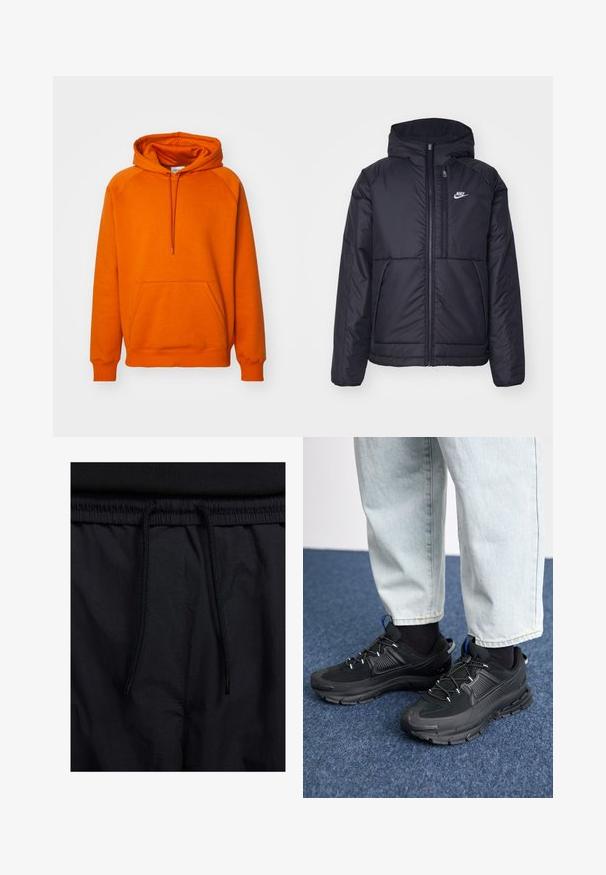 Svart, polstret Nike-jakke med frontglidelås og hette. Har en hvit logo på venstre bryst og doble frontlommer. Glatt ytterside.; Oransje hettegenser med frontlomme, snor i hetta og ribbestrikkede mansjetter. Laget av mykt stoff med en jevn tekstur.; Sorte shorts med snor i livet, lett stoff med en jevn tekstur, og et enkelt design uten synlige logoer eller mønstre.; Svarte sportssko med teksturert stoff og gummisåler, med elastiske lisser og en blå detalj på hælen. Brukt med lyse denimbukser.
