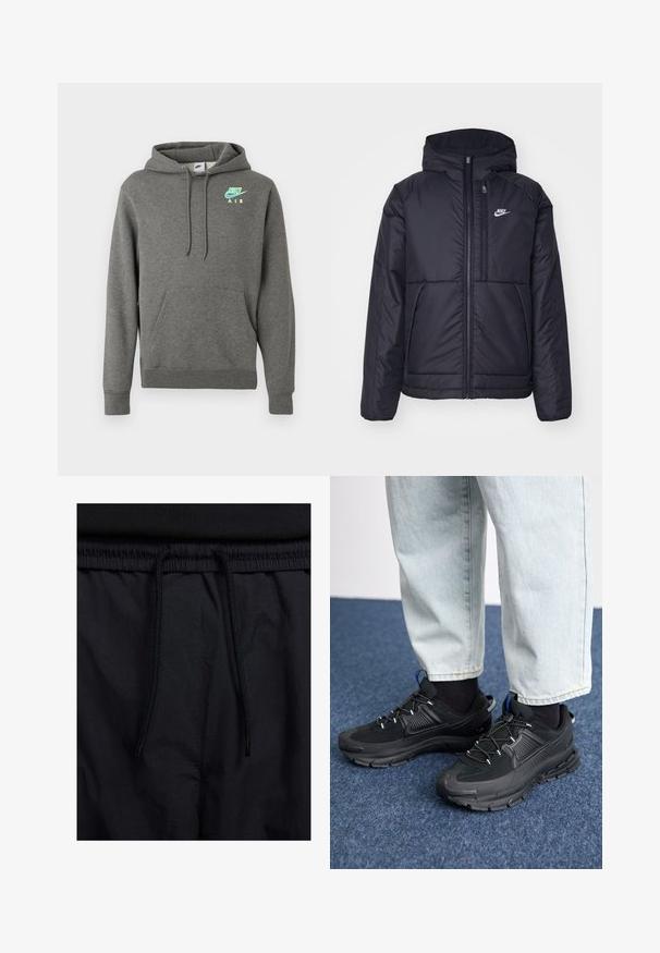 Casaco Nike preto, acolchoado, com fecho à frente e capuz. Apresenta um logo branco no lado esquerdo do peito e dois bolsos frontais. Textura exterior lisa.; Sweatshirt Nike Air em cinza escuro com bolso frontal e logotipo em azul-neon e amarelo no lado esquerdo do peito, exibido sobre fundo branco.; Calções pretos com um cós elástico ajustável, fabricados em tecido leve com uma textura suave e um design simples, sem logótipos ou padrões visíveis.; Sapatilhas desportivas pretas com tecido texturizado e solas em borracha, apresentando atacadores elásticos e um detalhe azul no calcanhar. Usadas com calças de ganga claras.
