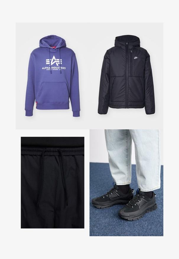 Melna, pufota Nike jaka ar priekšējo rāvējslēdzēju un kapuci. Iezīmēta ar baltu logotipu uz kreisās krūtis un divām priekšējām kabatām. Gluda ārējā tekstūra.; Purpursarkans, izgatavots no kokvilnas maisījuma auduma, ar priekšējo kabatu, regulējamu kapuci un baltu logo dizainu, kas satur stilizētu zvaigzni un tekstu.; Melni šorti ar sašūtu jostu, viegls audums ar gludu tekstūru un vienkāršs dizains bez redzamiem logotipiem vai paraugiem.; Melni sporta apavi ar strukturētu audumu un gumijas zoli, ar elastīgām auklām un zilu akcentu uz papēža. Nēsāti ar gaišām džinsu biksēm.